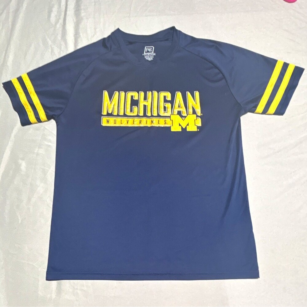 Michigan Wolverines Performance T-Shirt Pro Edge Navy Blue Stripe Sleeves Mens M